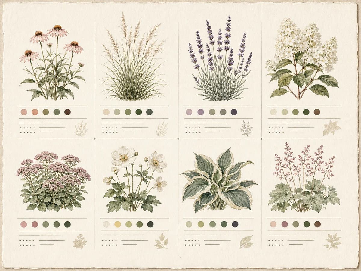 Illustrative botanical plant list with flower, grass, and foliage studies.